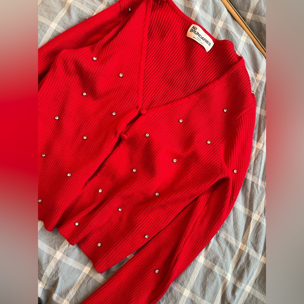 Red Ribbed Sparkle Cardigan Sweater - Picture 2 of 4